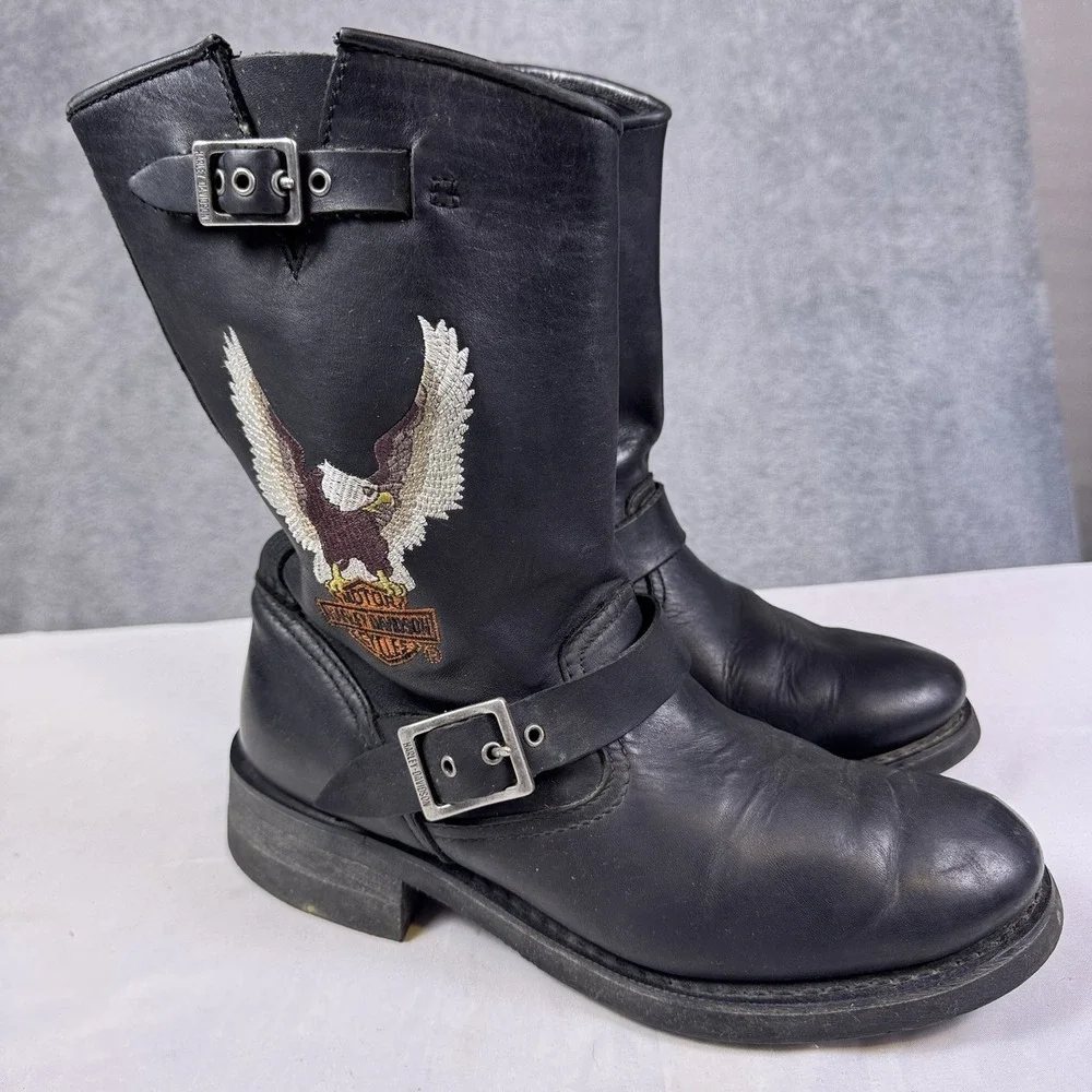Harley Davidson Eagle Boots Mens 9.5 Harness Pull On Buckle Biker Leather Grunge